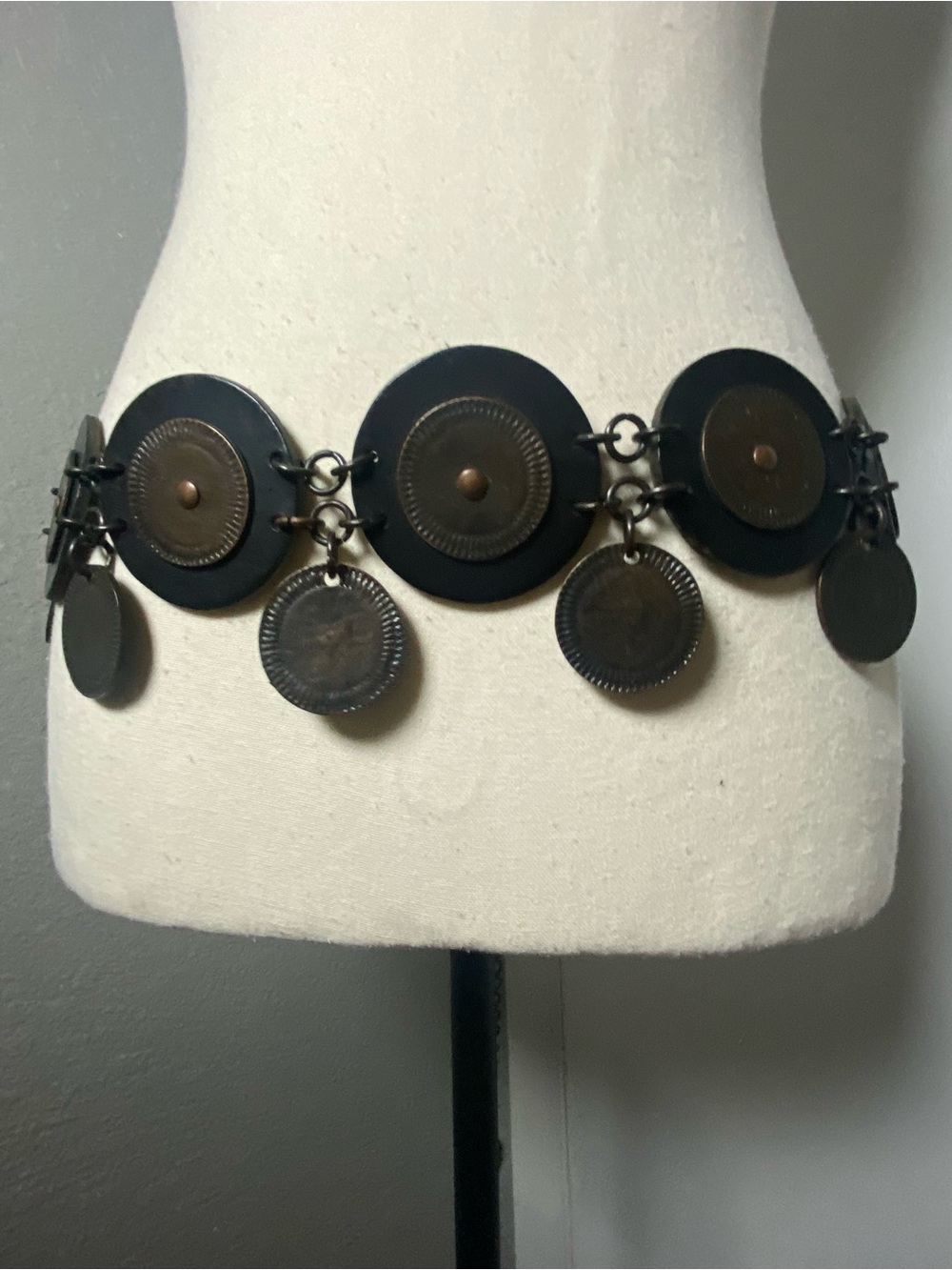 Vintage Boho Black Leather & Brown Medallion Coin Charm Chain Belt